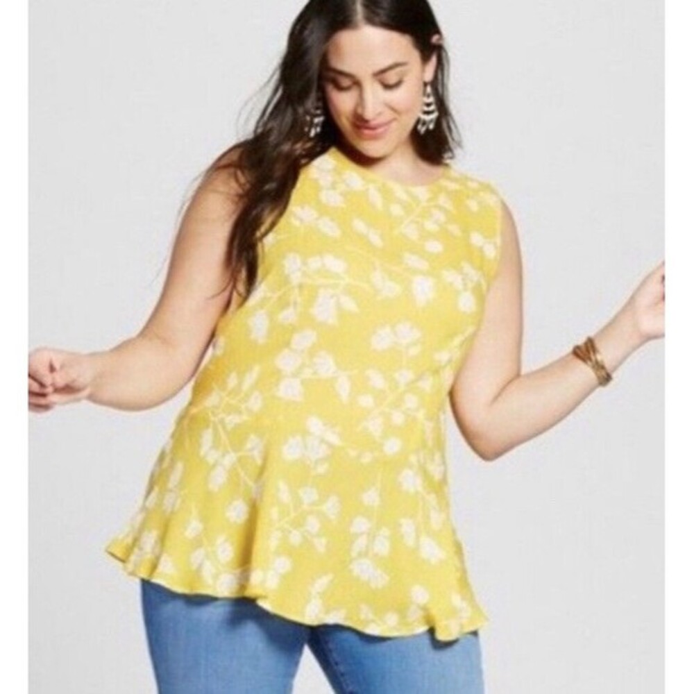 Ava & Viv Womens Sleeveless Peplum top yellow‎ and white x NWT